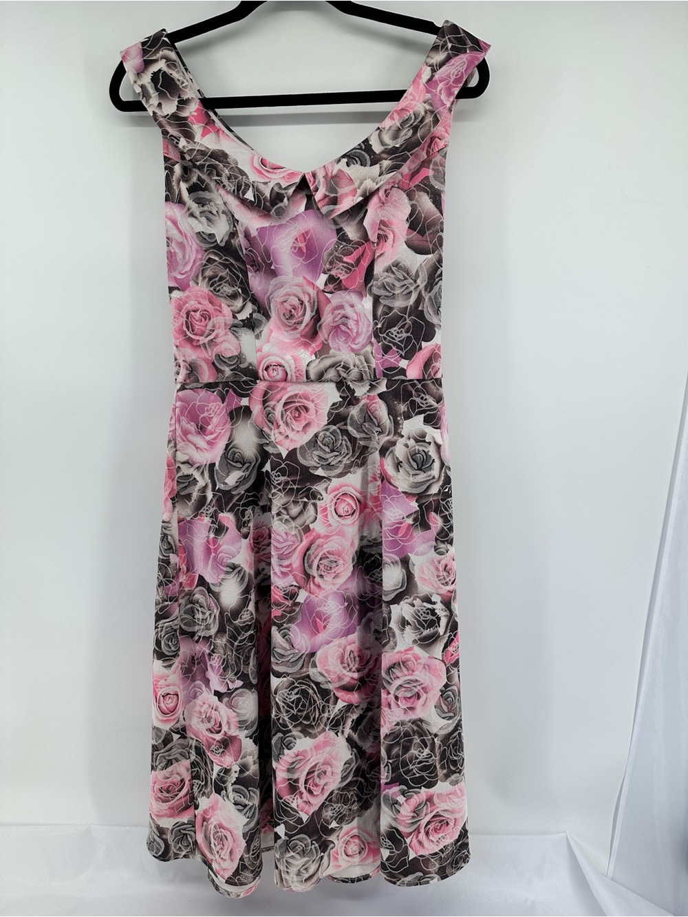 Bettie Page by Tatyana Pink Gray Rose Shimmer Swing Dress Pin Up 1950s Size L